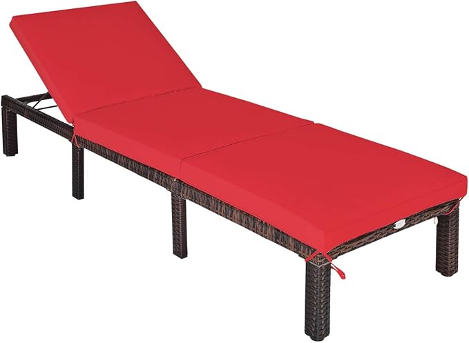 Tangkula Rattan Wicker Chaise Lounge Chair, Outdoor Patio Lounger Recliner Chair w/Adjustable Backrest, Heavy-Duty Reclining Chair Sunbed with Thick Zippered Cushion for Garden Yard Patio (1, Red)