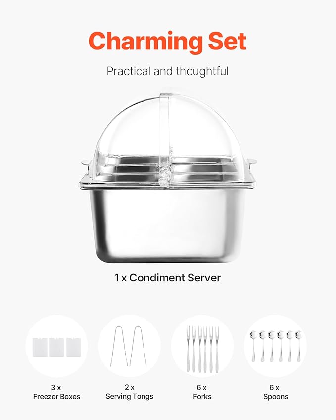VEVOR Countertop Food Serving Display Container, 5 Pan Stainless Steel Food Serving Tray, Buffet Condiment Dispenser Display Rack with Clear Lid & 3 Freezer Boxes, for Restaurant Hotel Kitchen Party