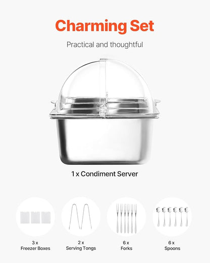 VEVOR Countertop Food Serving Display Container, 5 Pan Stainless Steel Food Serving Tray, Buffet Condiment Dispenser Display Rack with Clear Lid & 3 Freezer Boxes, for Restaurant Hotel Kitchen Party