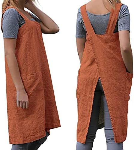 TBA Cotton Linen Apron Cross Back Apron for Women with Big Pockets Square Pinafore Dress for Baking Cooking BBQ & Grill