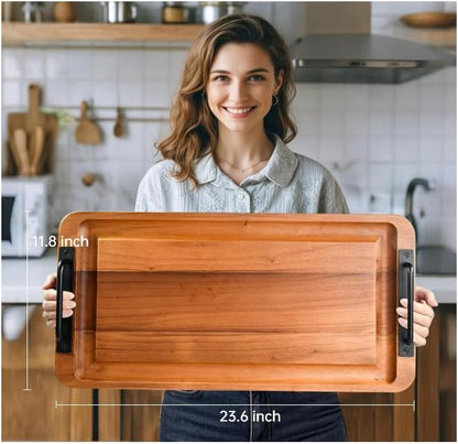 Large Wooden Charcuterie Board with Handles Long BBQ Serving Tray Platters | Rectangular Meat Cutting Board with Juice Grooves for Party Appetizers,Home & Outdoor Housewarming Gift 23.6x11.8x1.1”