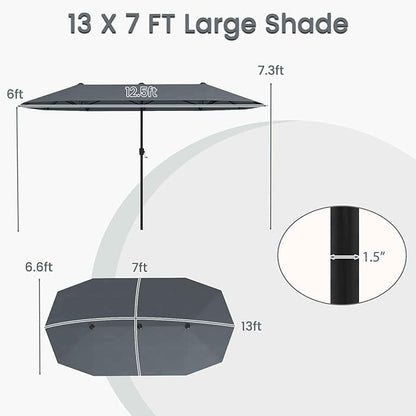 Tangkula 13 FT Large Patio Umbrella, Outdoor Double-Sided Table Market Umbrella w/Crank Handle, 12 Heavy-Duty Ribs, Sun-Protective Rectangular Twin Parasol for Garden Deck Lawn Poolside (Gray)