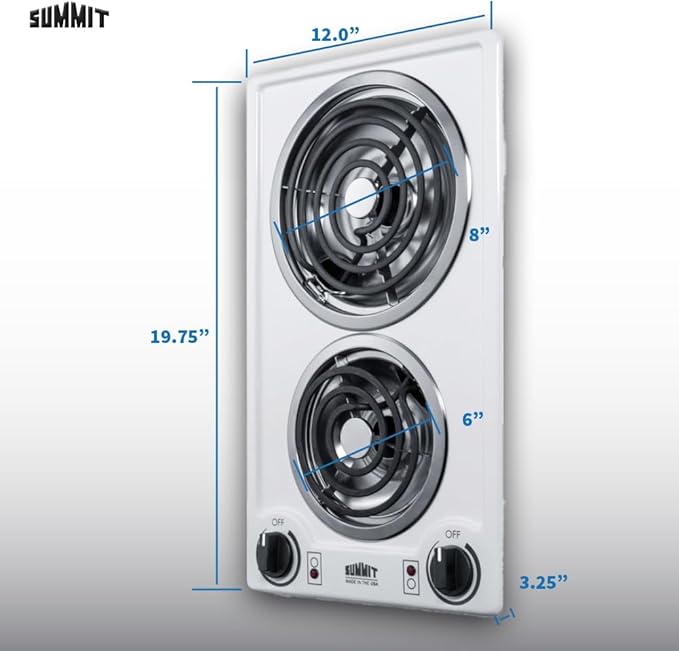 Summit 12" 2 Burner Electric Cooktop. 115 Volt Coil Electric Cooktop, ADA compliant, White- CCE211WH