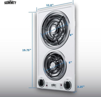 Summit 12" 2 Burner Electric Cooktop. 115 Volt Coil Electric Cooktop, ADA compliant, White- CCE211WH