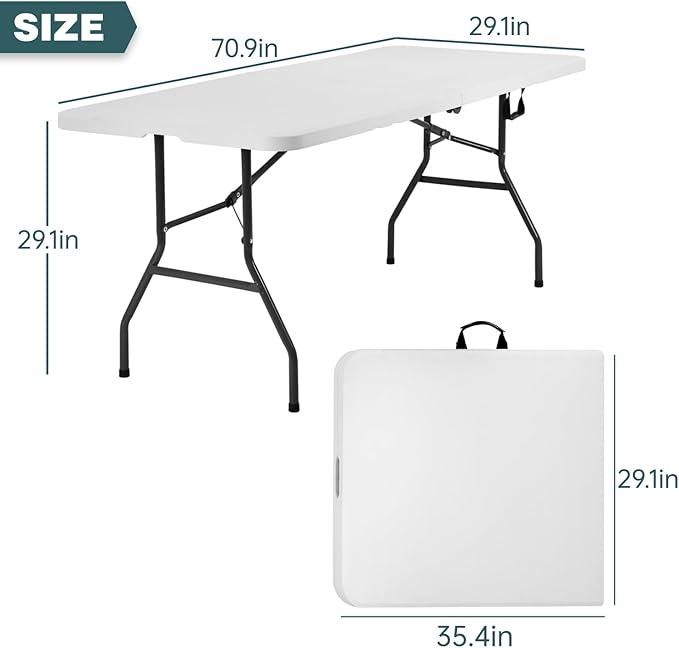 FDW | 6FT Folding Table | White | Portable Plastic Table | with Carry Handle | Waterproof & Foldable Table Design | Steel Frame with Lock | for Events, Camping, Indoor & Outdoor Use