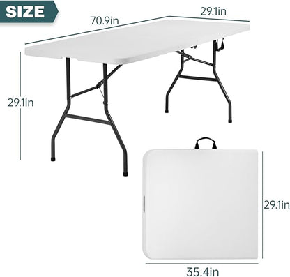 FDW | 6FT Folding Table | White | Portable Plastic Table | with Carry Handle | Waterproof & Foldable Table Design | Steel Frame with Lock | for Events, Camping, Indoor & Outdoor Use