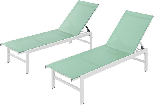 Vexwalx Outdoor Lounge Chairs Set of 2, Aluminum Patio Chaise Lounge Chairs with 5-Position Recliner, Pool Lounge Chairs for Backyard, Poolside, Deck, Lawn (LightGreen)
