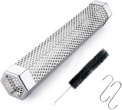 Pellet Smoker Tube for Grilling, 12 inches Premium Stainless Steel BBQ Wood Pellet Tube Smoker for Gas Charcoal Electric Grill or Smokers, Hexagonal with 2 S Shape Hooks and 1 Cleaning Brush