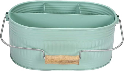 Alpha Living Home Farmhouse Utensil Caddy Carry-All Serveware-Galvanized Metal Organizer for Kitchen Counter-Comfort Wooden Handle In/Outdoor Storage For Flatware,Condiments,Party Cutlery,Arts-TEAL