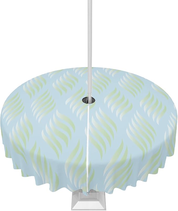 QueenKer Outdoor Tablecloth with Umbrella Hole, Abstract Leaves Lines Geometric Natural Patterns Ombre Green Round Tables Waterproof Tabletop Collection for Patio, Garden, Picnic, Camping, Dining 54R