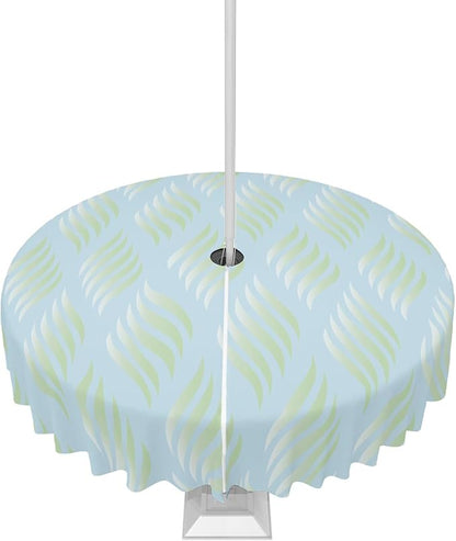 QueenKer Outdoor Tablecloth with Umbrella Hole, Abstract Leaves Lines Geometric Natural Patterns Ombre Green Round Tables Waterproof Tabletop Collection for Patio, Garden, Picnic, Camping, Dining 54R