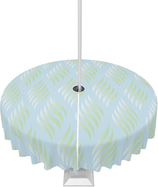 QueenKer Outdoor Tablecloth with Umbrella Hole, Abstract Leaves Lines Geometric Natural Patterns Ombre Green Round Tables Waterproof Tabletop Collection for Patio, Garden, Picnic, Camping, Dining 54R