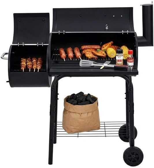 GarveeLife BBQ Charcoal Grill, Outdoor Barrel Grills with Offset Smoker, Patio Barbecue Grill and Smoker Combo with Wheels and Handle, for Garden Backyard Party Camping Picnic, Black