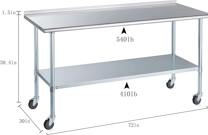 Stainless Steel Table for Prep & Work with Caster & Backsplash 30x72 Inches, NSF Metal Commercial Kitchen Heavy Duty Table with Adjustable Under Shelf and Table Foot for Restaurant, Home and Hotel