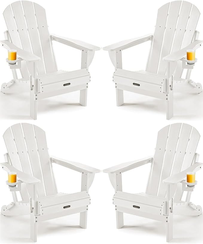 Ciokea Folding Adirondack Chair 4 Pack, Patio Adirondack Chair Weather Resistant, Plastic Fire Pit Chair with Cup Holder, Lawn Chair for Outdoor Porch Garden Backyard Deck (White)