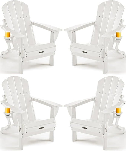 Ciokea Folding Adirondack Chair 4 Pack, Patio Adirondack Chair Weather Resistant, Plastic Fire Pit Chair with Cup Holder, Lawn Chair for Outdoor Porch Garden Backyard Deck (White)