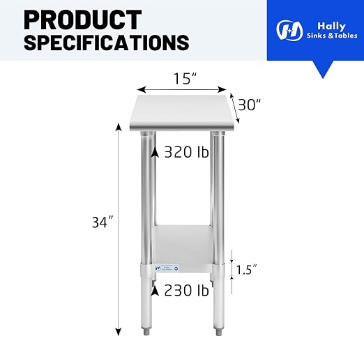 Hally Stainless Steel Table 30 x 15 Inches, NSF Commercial Side Table | Space-saving, sturdy surface for cafes and food trucks; adjustable undershelf, leveling feet, narrow kitchen station.