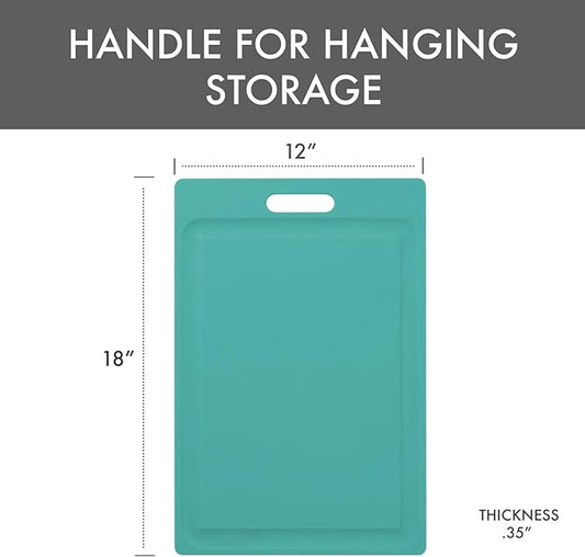 Dexas NSF Certified Polysafe Cutting Board with Handle and Juice Well, 12 x 18 inches, Reversible Kitchen Cutting Board, Teal Green