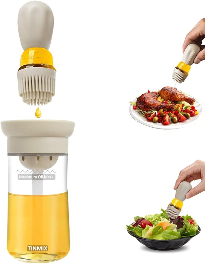Oil Dispenser Bottle with Silicone Basting Brush - Kitchen Olive Oil Bottle for Cooking Vinegar Sauce BBQ Grill Frying Baking, Kitchen Aid, T-OB21S, Grey