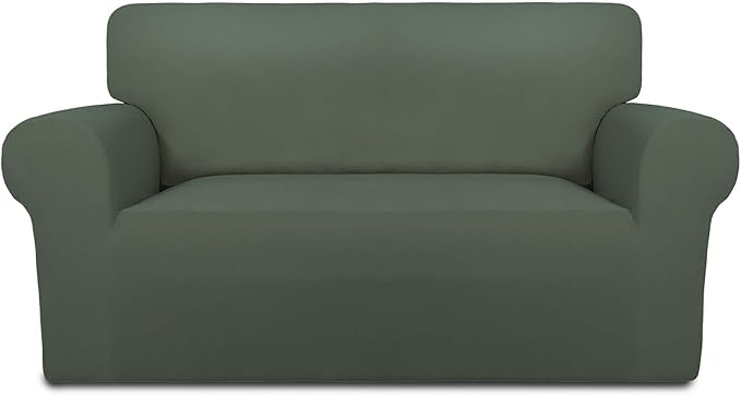PureFit Stretch Loveseat Covers Fleece Couch Covers for Sofa Grayish Green | 1-Piece Sofa Slipcover Soft Couch Protector, Sofa Cover Washable with Non Skid Foam and Elastic Bottom for Kids, Dogs