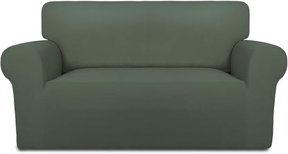 PureFit Stretch Loveseat Covers Fleece Couch Covers for Sofa Grayish Green | 1-Piece Sofa Slipcover Soft Couch Protector, Sofa Cover Washable with Non Skid Foam and Elastic Bottom for Kids, Dogs