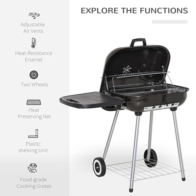 Portable Charcoal Grill, Outdoor BBQ Grill with Wheels, Adjustable Air Vents, Warming Rack & Side Shelf, for Backyard, Patio, Camping