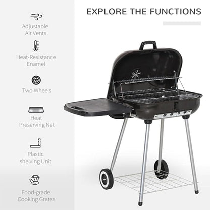 Portable Charcoal Grill, Outdoor BBQ Grill with Wheels, Adjustable Air Vents, Warming Rack & Side Shelf, for Backyard, Patio, Camping