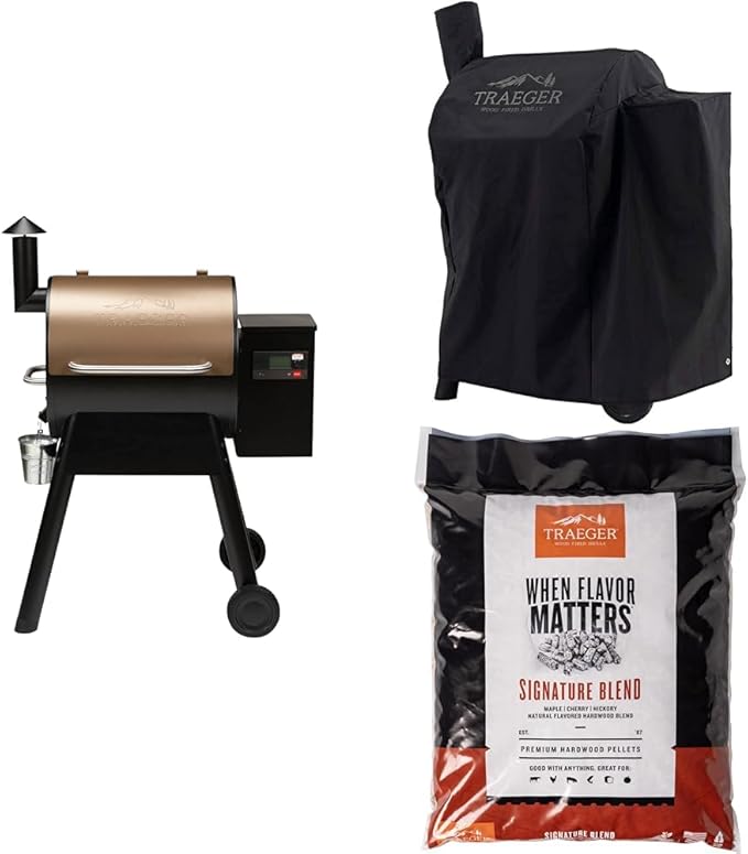 Pro 575 Wood Pellet Grill and Smoker, Bronze with Full-Length Cover and Signature Blend Pellets 18 lb Bag