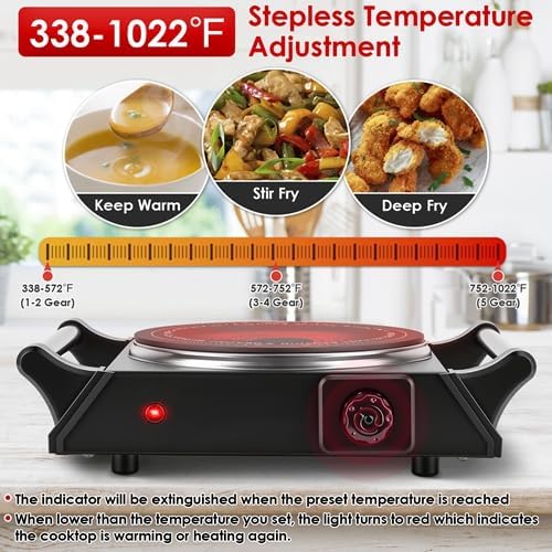 1000W Portable Single Burner Heating Stove Countertop RV Hotplate with 5 Temperature Stepless Adjustments Portable Handles