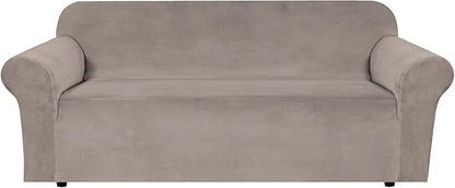 H.VERSAILTEX Stretch Velvet Sofa Covers for 3 Cushion Couch Covers Furniture Protector Soft with Non Slip Elastic Bottom, Crafted from Thick Comfy Rich Velour (Large Sofa 90"-97", Taupe)