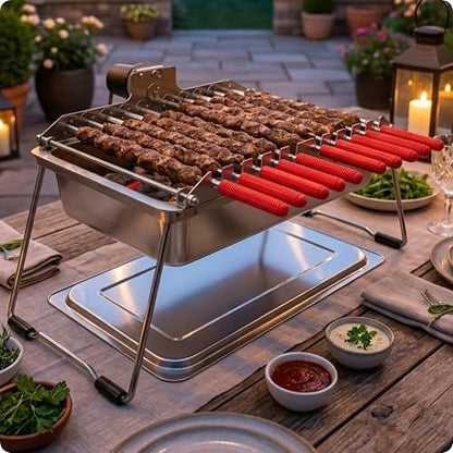 Charcoal Kabob Grill with Spin Grill Attachment by 𝗡𝗼𝗿𝘁𝗵 𝗚𝗿𝗶𝗹𝗹𝘀: precise heat control, silicone-handle square & flat skewers, charcoal starter tool, tongs, BBQ gloves, and storage & travel