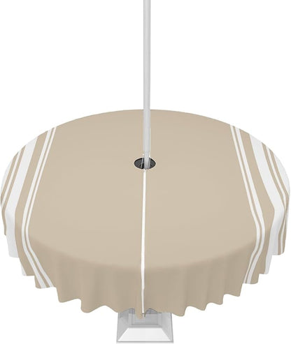 QueenKer Outdoor Tablecloth with Umbrella Hole, Khaki and White Stripe Round Tables Waterproof Tabletop Collection for Patio, Garden, Picnic, Camping, Dining 54R
