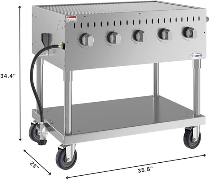 Pemberly Row 36" Commercial Mobile Outdoor Propane BBQ Grill, Stainless Steel Flat Top with 5 Burners, Heavy Duty Rolling Griddle