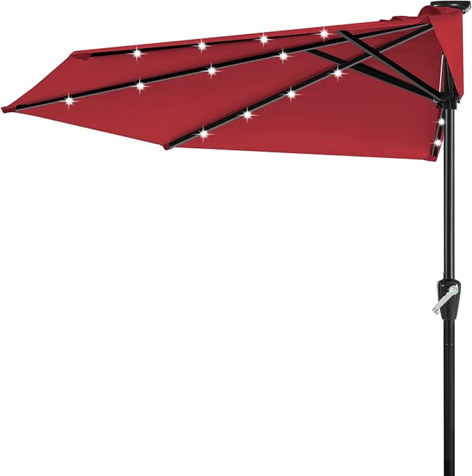 ABCCANOPY Patio Umbrella 9FT Outdoor Half Umbrella w/Solar Lights，Burgundy | Fade & UV Resistant Fabric, 5 Fiberglass Ribs, Waterproof, Air Vent, Crank Operated, Great for Patio, Backyard, Garden, Deck
