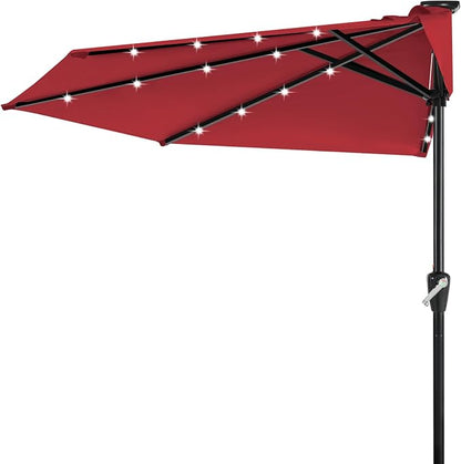 ABCCANOPY Patio Umbrella 9FT Outdoor Half Umbrella w/Solar Lights，Burgundy | Fade & UV Resistant Fabric, 5 Fiberglass Ribs, Waterproof, Air Vent, Crank Operated, Great for Patio, Backyard, Garden, Deck