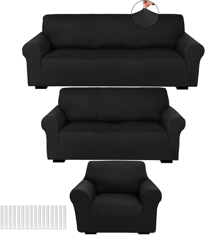 Peryiter 3 Pcs Couch and Loveseat Sofa Covers,Black,Milk Silk | Armchair Covers for Living Room, Sofa Cushion Slipcover, Furniture Protector, Polyester and Spandex, Washable