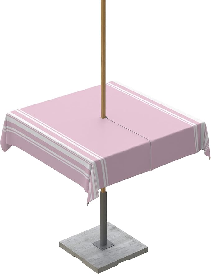 QueenKer Outdoor Tablecloth with Umbrella Hole, Farmhouse Pink White Stripe Square Tables Waterproof Tabletop Collection for Patio, Garden, Picnic, Camping, Dining 60 x 60 inch
