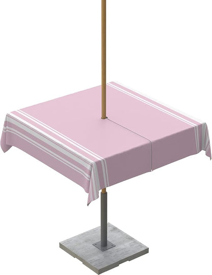 QueenKer Outdoor Tablecloth with Umbrella Hole, Farmhouse Pink White Stripe Square Tables Waterproof Tabletop Collection for Patio, Garden, Picnic, Camping, Dining 60 x 60 inch