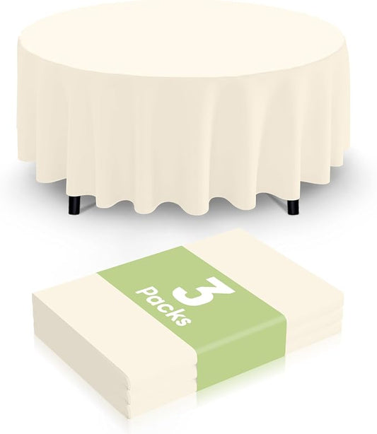 Smiry Disposable Table Cloth 3 Pack, 84 Inch Round Waterproof Plastic Tablecloth, Decorative Round Table Covers for Party, Birthday, Picnic, Beige