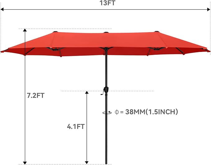 GREEN PARTY 13 ft Outdoor Patio Umbrella, Large Rectangular Table Umbrellas | Double-Sided, UV & Fade Resistant Canopy for Deck Poolside Garden Backyard, Market Umbrella with Crank & 1.5" Pole,Orange Red
