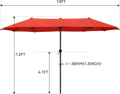 GREEN PARTY 13 ft Outdoor Patio Umbrella, Large Rectangular Table Umbrellas | Double-Sided, UV & Fade Resistant Canopy for Deck Poolside Garden Backyard, Market Umbrella with Crank & 1.5" Pole,Orange Red