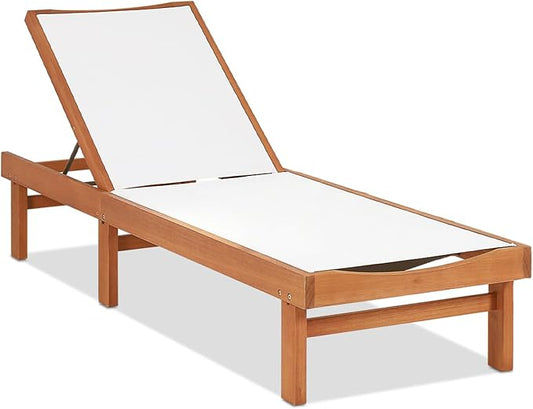 COSTWAY Patio Wood Chaise Lounge Chair, Strong Eucalyptus Wood Frame, 5-Position Adjustable Outdoor Recliner with White Mesh (1) | 5-Position Adjustable Outdoor Recliner with White Mesh
