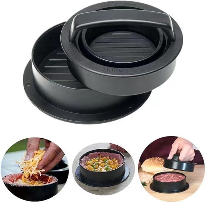 Kitchen Tools Smash Burger Press Suit, 3 in 1 Hamburger Patty Storage Container,Burger Press and Sauce Brushes (Black Round)