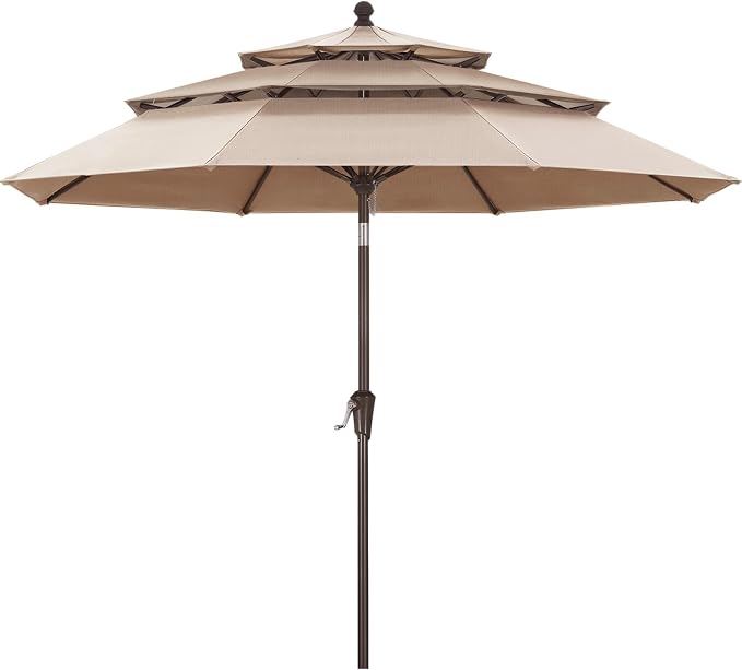 ABCCANOPY 9FT 3-Tier OLEFIN® Patio Umbrella, 5-Year No Fading, Light Beige | Heavy Duty Fade-Resistance Outdoor Table Umbrella, 8 Sturdy Ribs, Tilt, Crank for Deck, Backyard, Garden, Yard, Pool