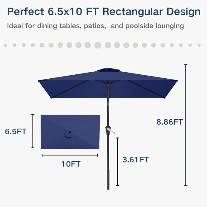 6.5' x 10' Rectangular Patio Umbrella Large Outdoor Market Umbrella w/UV Protection, Push Button Tilt and Crank Lift, Rectangle Table Umbrella for Garden, Deck, Pool, Patio, Navy Blue