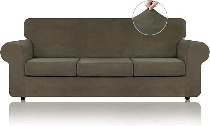 WEERRW 4-Piece Couch Cover for Sofa Velvet Sofa Cover Washable, Light Brown | Sofa Covers for 3 Cushion Couch Furniture Protector Sofa Slipcovers with Non Slip Elastic Bottom, Pet Friendly, Large