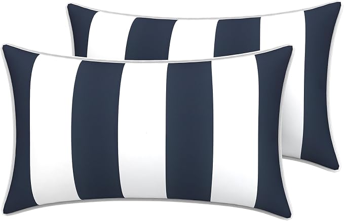 LVTXIII 2 Pack Outdoor Lumbar Pillow Covers 12x20 Inch with Piping, Water-Repellent Back Cushion Covers ONLY for Patio Furniture, Sofa, Garden Bench, Cabana Navy
