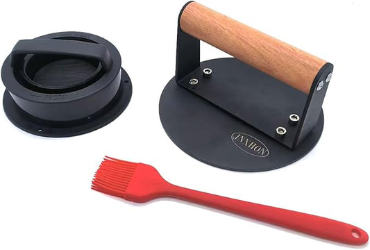 Kitchen Tools Smash Burger Press Suit, 3 in 1 Hamburger Patty Storage Container,Burger Press and Sauce Brushes (Black Round)