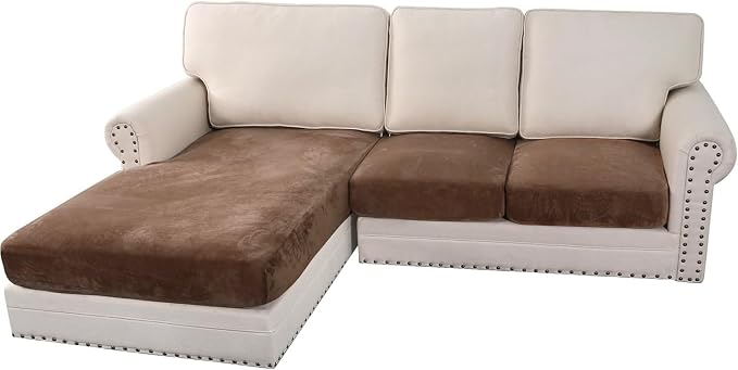 H.VERSAILTEX Velvet Stretch Sectional Couch Covers 3 Pieces Sofa Seat Cushion Covers L Shape Separate Cushion Couch Chaise Cover for Both Left/Right Couch(Large Sofa 2 Seater + 1 Chaise, Caramel Cafe)