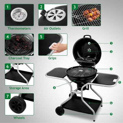 Black Charcoal Grills with Table, Portable BBQ Grill for Outdoor Camping, Barbecue Grill with Cover, Kettle Grill for Outdoor Cooking Family Party